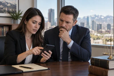 Two people review text messages on a smartphone in a professional Denver office setting.