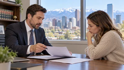 A Colorado criminal defense attorney reviews bond paperwork with a client in a bright professional office.