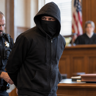 A masked person is escorted into a courtroom by a law enforcement officer.