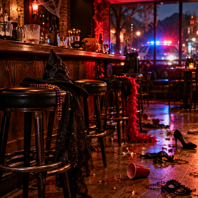 Empty bar after an evening confrontation with police lights outside
