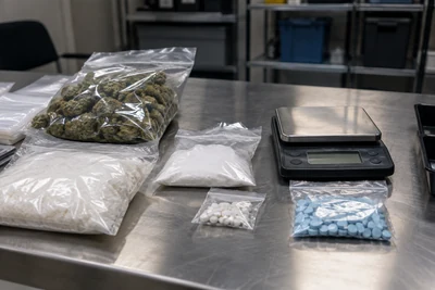 Drug evidence bags and a digital scale on an evidence table.