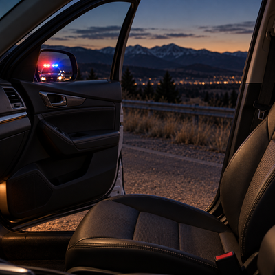 Empty car passenger seat at a Colorado roadside stop with police lights reflected in the side mirror
