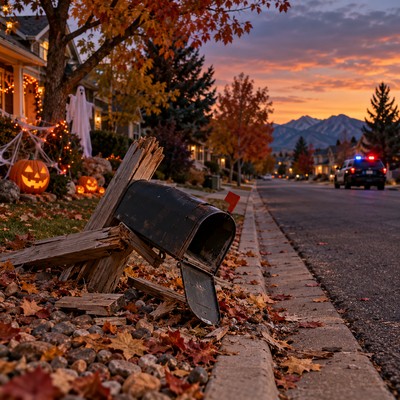 A Halloween-decorated Colorado home with police lights visible nearby.